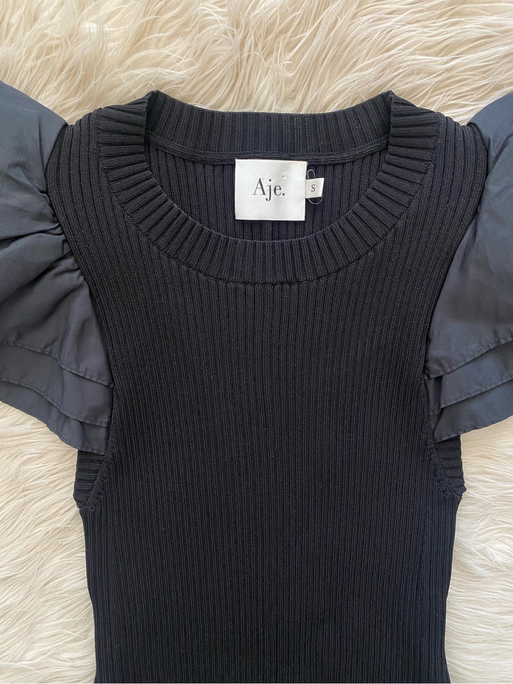 Aje Questa Puff Sleeve Mini Dress Black Ribbed Knit Little Black Dress US 4 - Picture 5 of 16